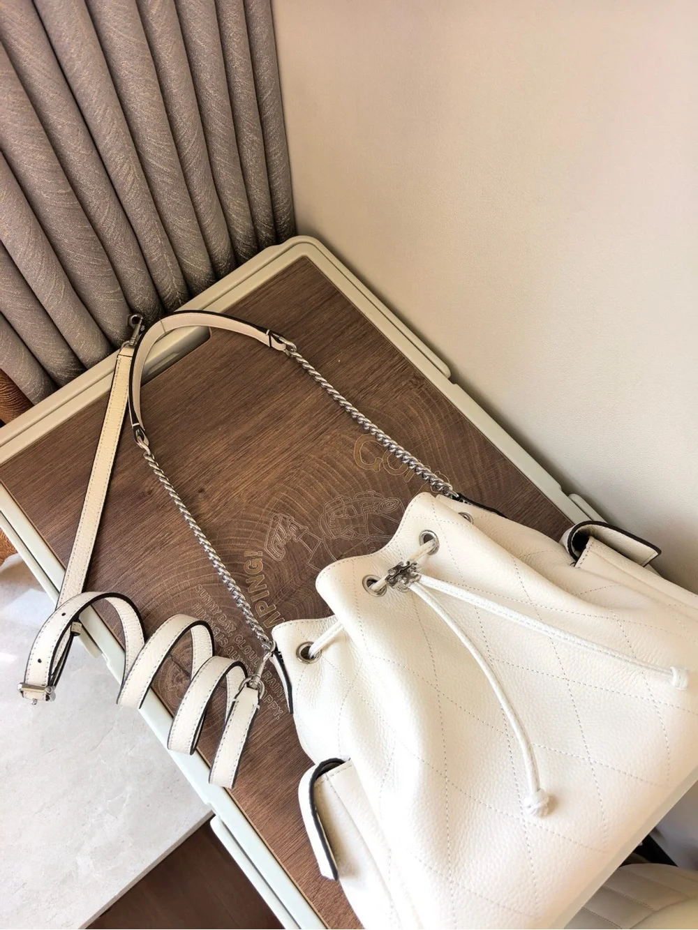Classic Cream Drawstring Leather Bucket Bag